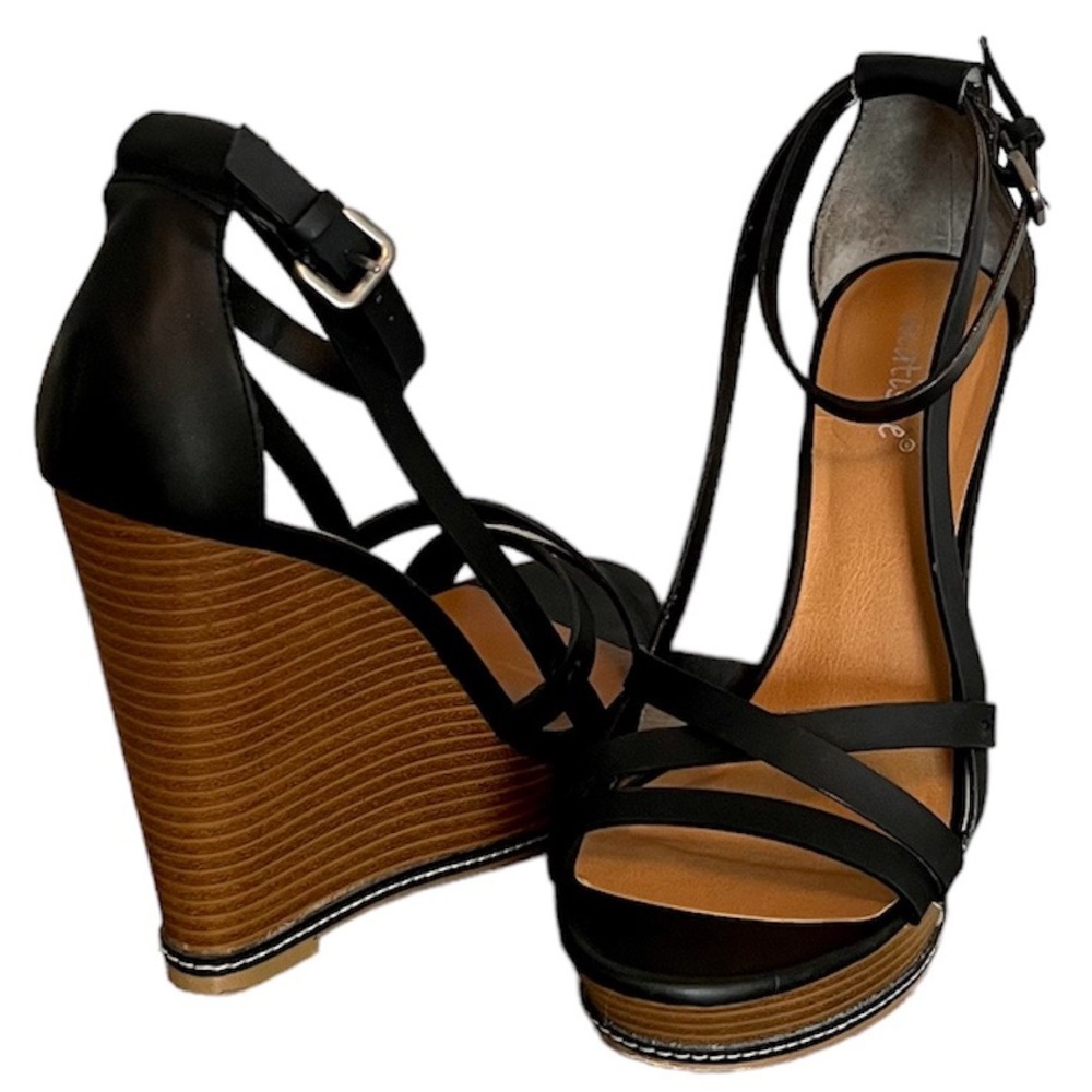 Matisse “Joss” Stacked Wedge Sandals 7.5 Black Leather 5” Heel 1” Platform